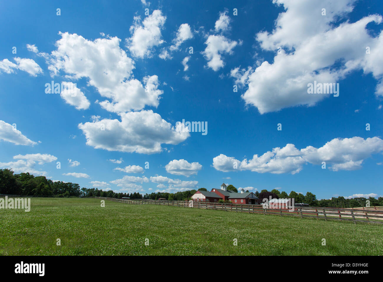 Bauernhaus mit einer großen Wiese Stockfoto