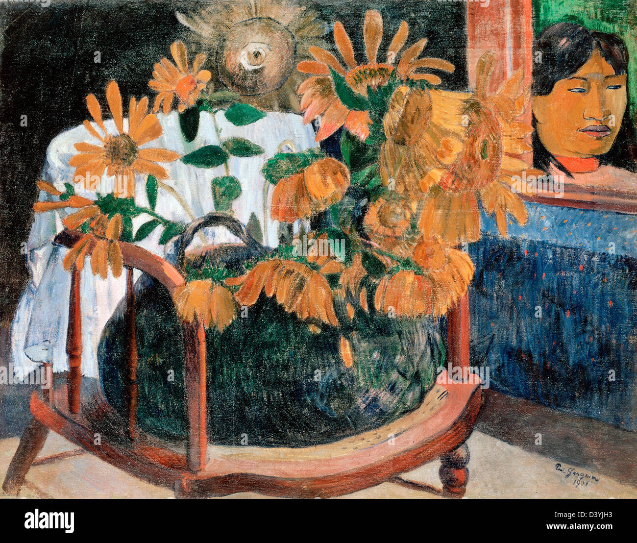 Paul Gauguin, Stillleben mit Sonnenblumen auf einem Sessel 1901, Öl auf Leinwand. Eremitage, St. Petersburg, Russland Stockfoto