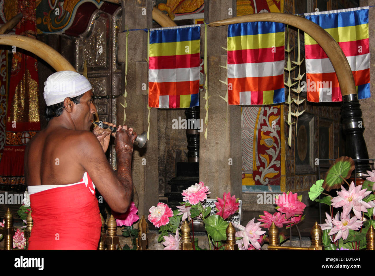 Tempelwächter weht Horanewa Horn im Tempel der heiligen Zahn-Reliquie, Kandy Stockfoto