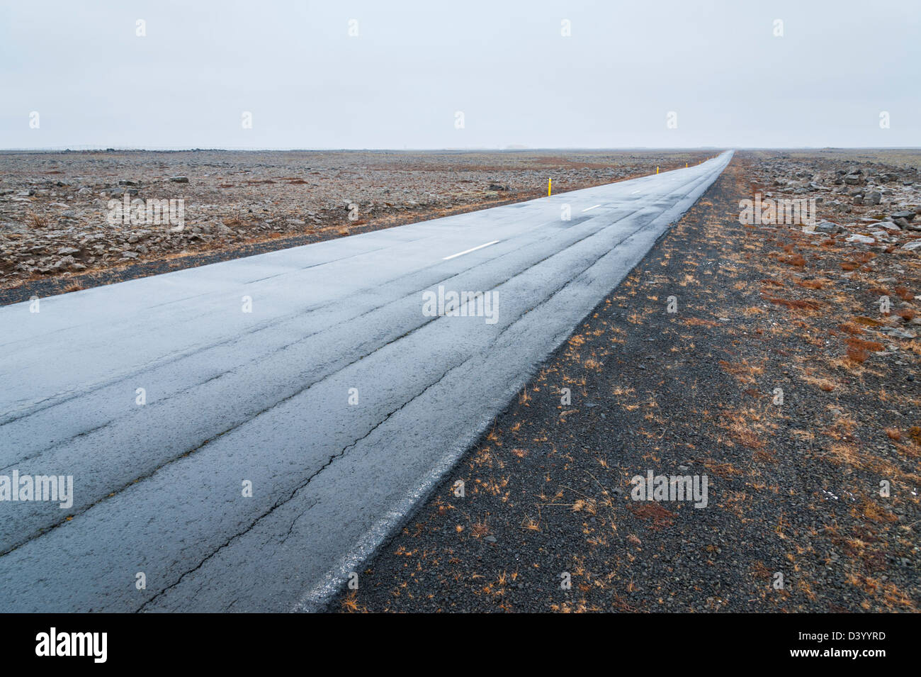Eine gerade leer nass Landstraße in Island an einem langweiligen Tag genommen in einem Winkel von niedrig und breit. Zeigt konvergierenden Sicht zum Horizont Stockfoto