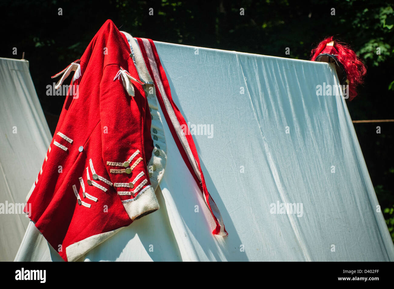 Amerikanischer revolutionärer Krieg Re-enactment, Truppen Schlacht Britisch in Rockford Plantage, Lancaster, PA. Stockfoto