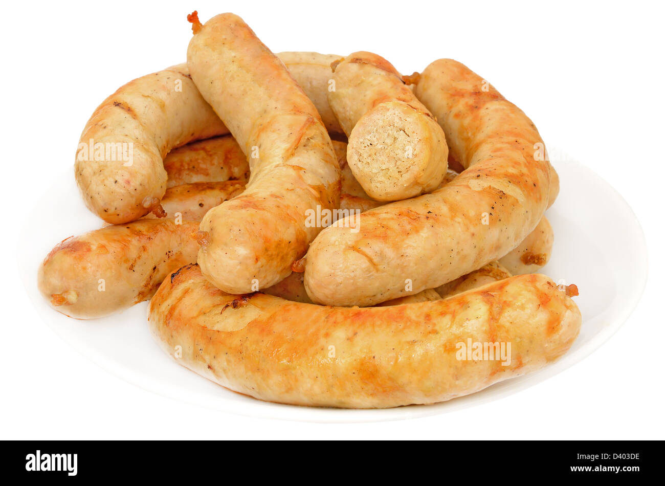 Gegrilltes Hähnchen Wurst auf einem Teller isoliert auf weißem Hintergrund Stockfoto