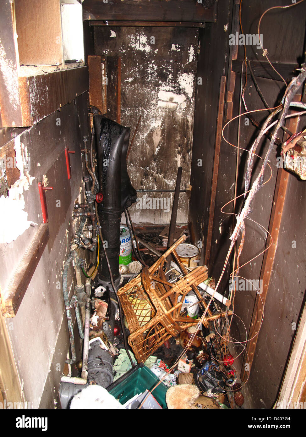 Inneren des Hauses um Brand beschädigt Stockfoto