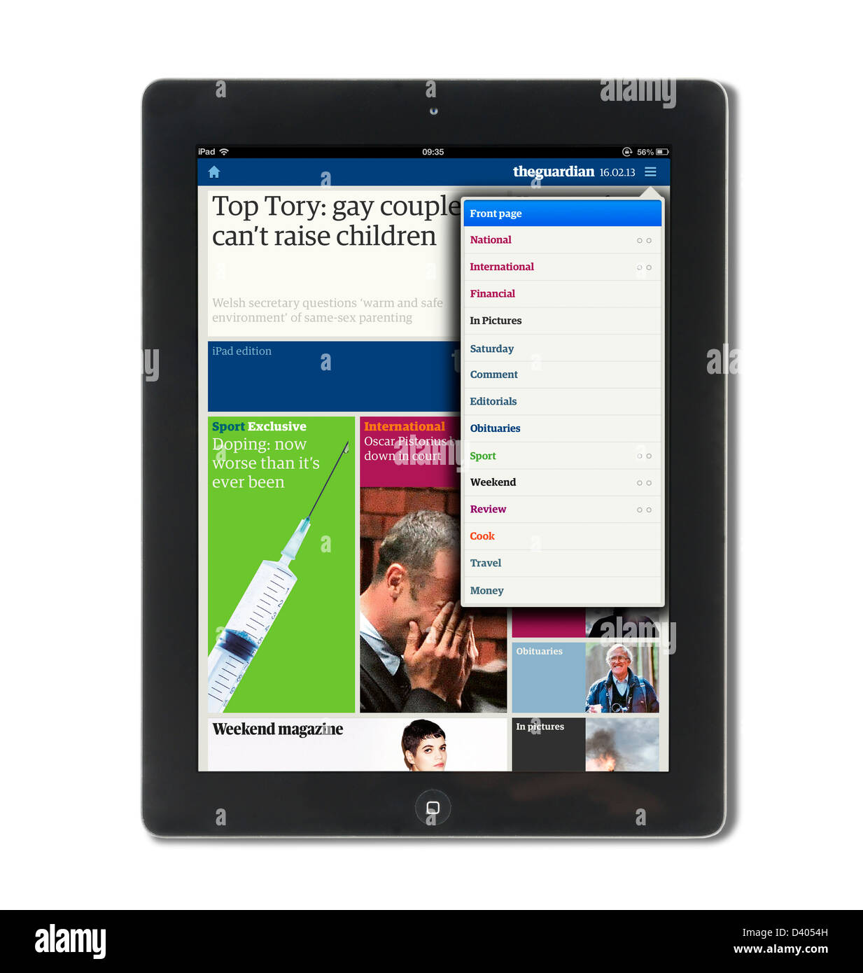 Blick auf die Registerkarte "Inhalt", der Wächter Zeitung app auf einen 4. Generation iPad, UK Stockfoto