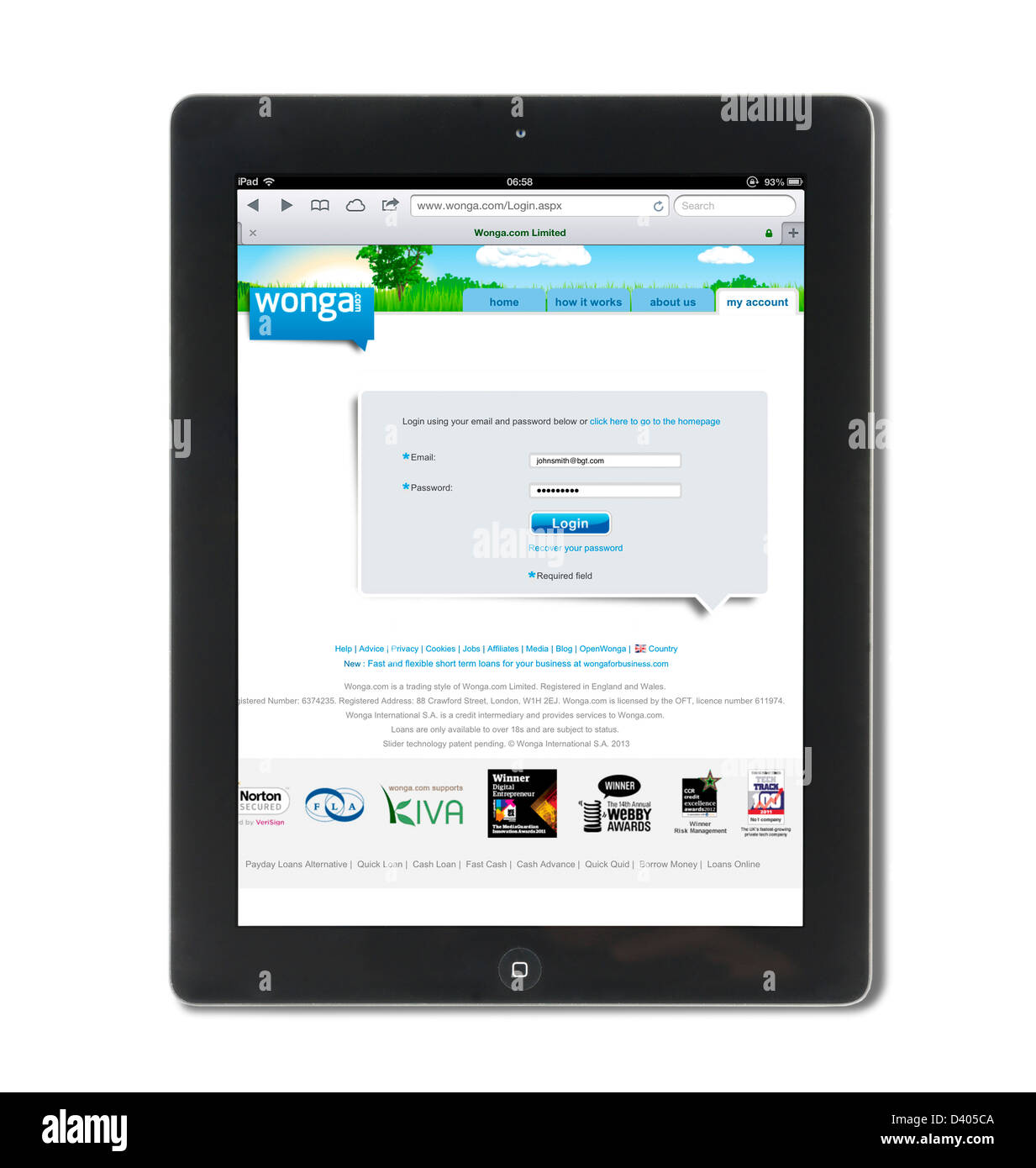 Anmeldung bei der Wonga.com-Paday-Darlehen-Website auf eine 4. Generation iPad, UK Stockfoto
