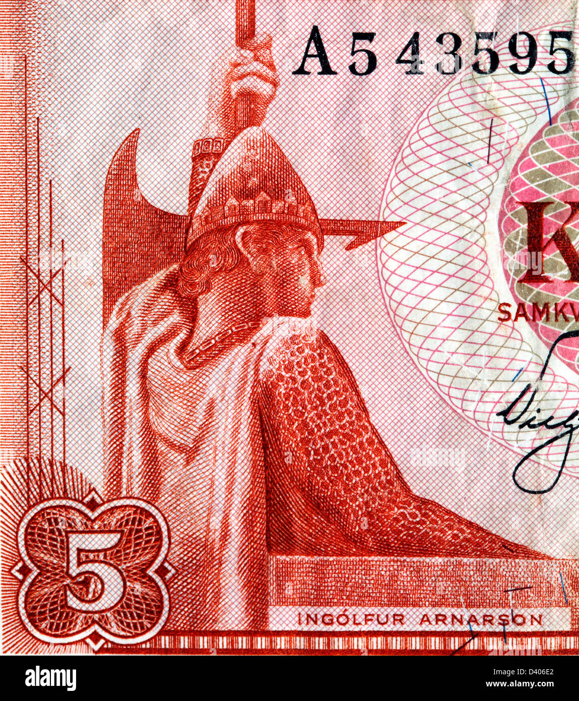 Porträt von Viking I. Arnarson aus 5 wechseln Banknote, Island, 1957 Stockfoto