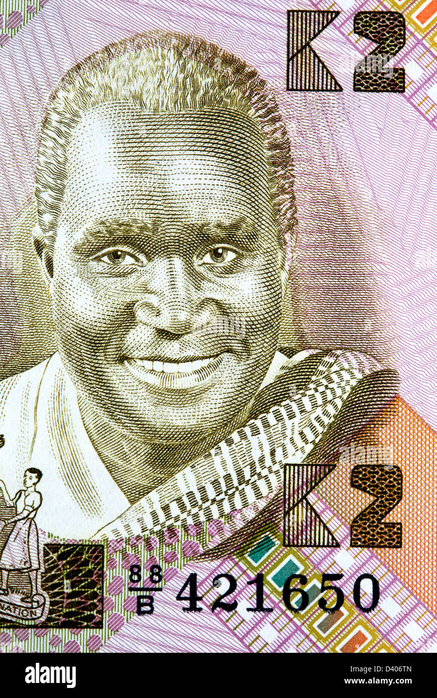 Porträt des Präsidenten Kenneth Kaunda von 2-Kwacha-Banknote, Sambia, 1988 Stockfoto