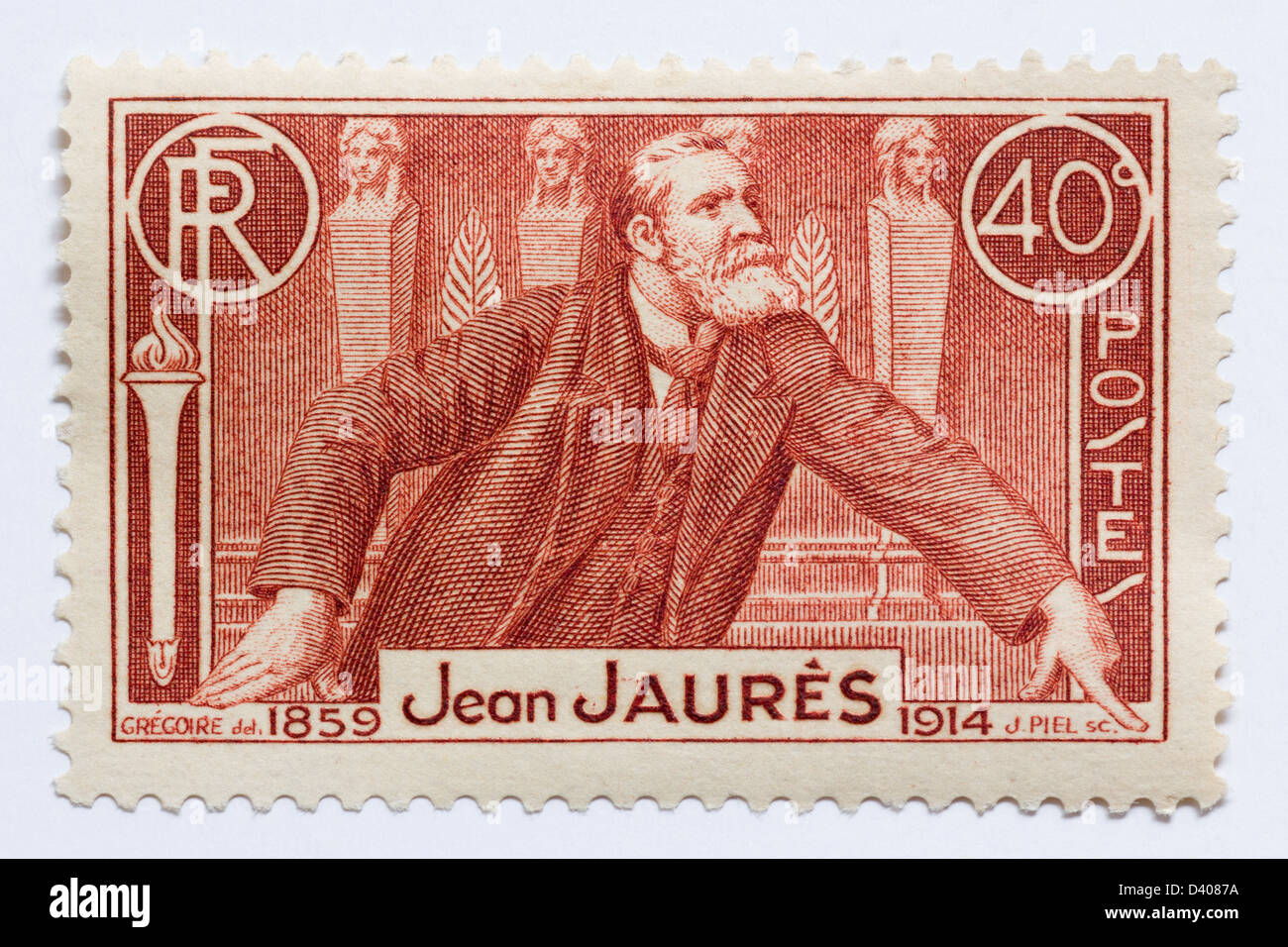 Französisch 1936 Briefmarke mit Jean Jaurès (1859 – 1914), berühmter französischer sozialistischer Führer Stockfoto