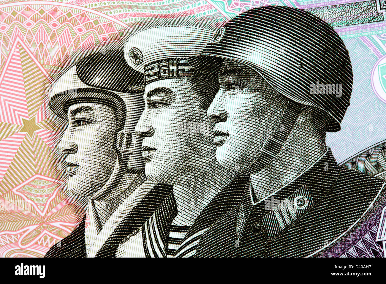 Drei militärische Männer Air Force, Navy und Army aus 10 Won-Banknote, Nordkorea, 2002 Stockfoto