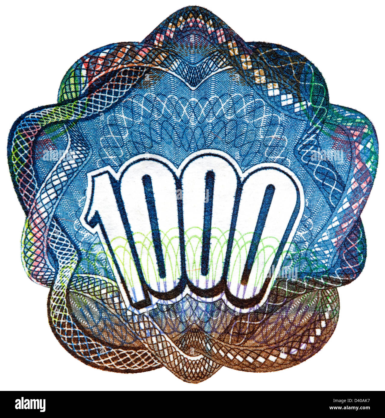 Nummer 1000 von 1000 Rubel-Banknote, auf weißem Hintergrund, Russland, 1992 Stockfoto