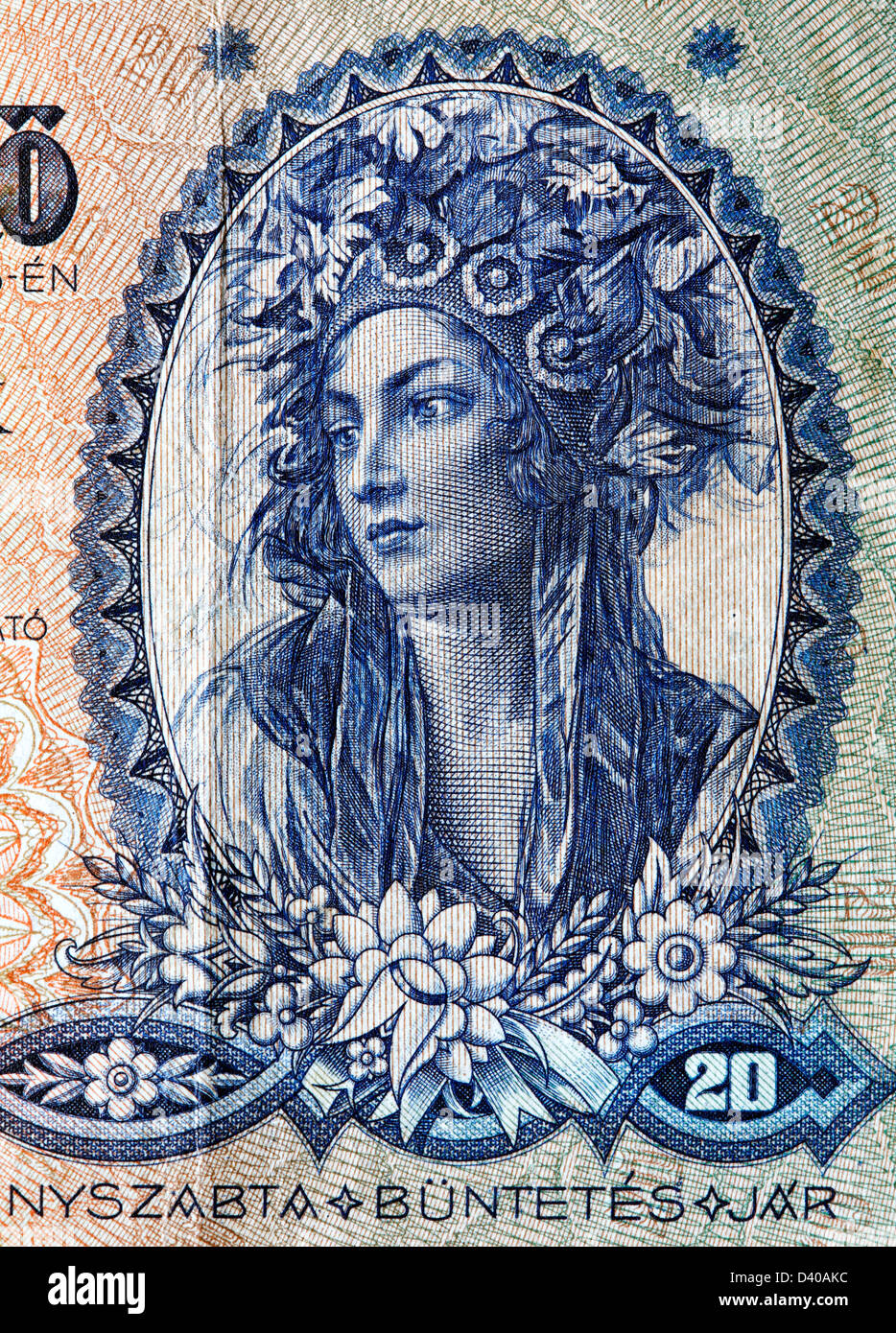 Porträt der jungen Frau in traditioneller Tracht von 20 Pengo Banknote, Ungarn, 1941 Stockfoto