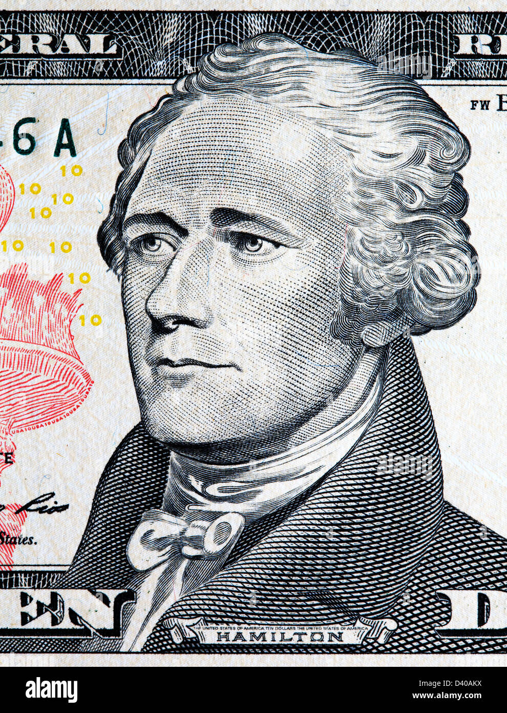 Porträt von Alexander Hamilton von 10 Dollar Banknote, USA, 2009 Stockfoto