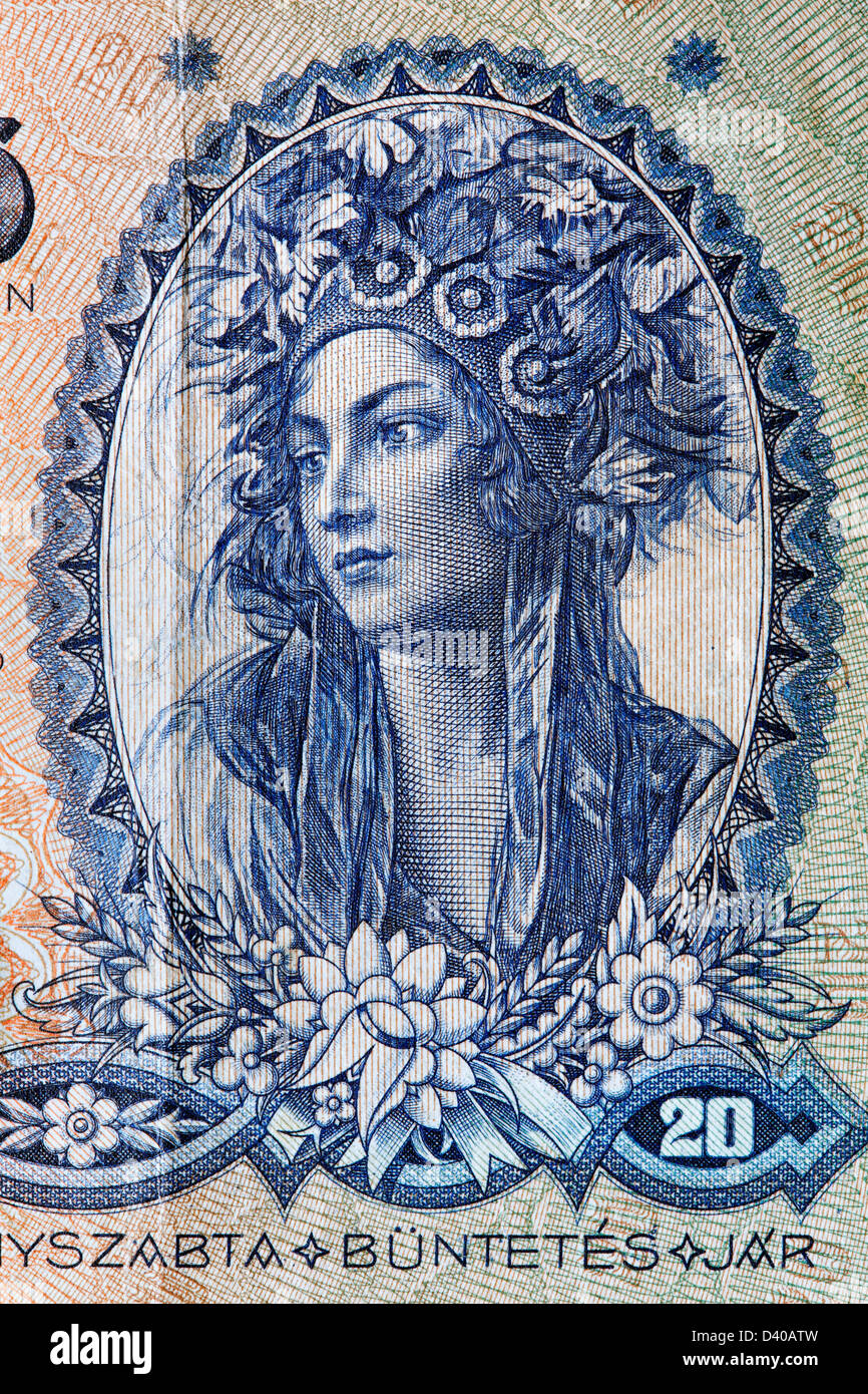 Porträt der jungen Frau in traditioneller Tracht von 20 Pengo Banknote, Ungarn, 1941 Stockfoto