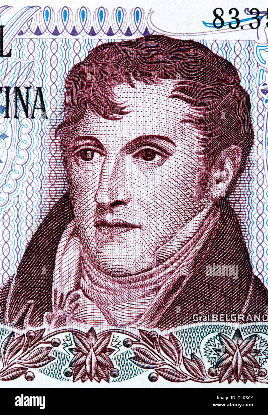 Porträt von General Manuel Belgrano aus 10 Pesos Banknote, Argentinien, 1973 Stockfoto