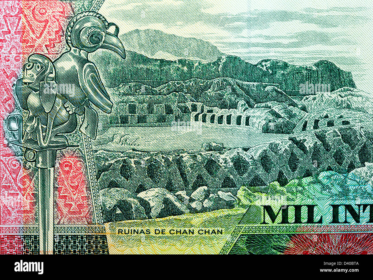 Ruinen von Chan Chan aus 1000 Intis Banknote, Peru, 1988 Stockfoto
