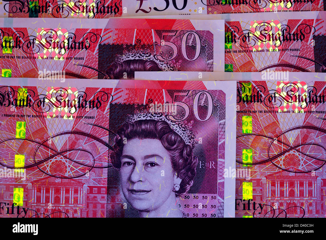 50-Pfund-Banknote unter UV-Licht, UK, 2010 Stockfoto