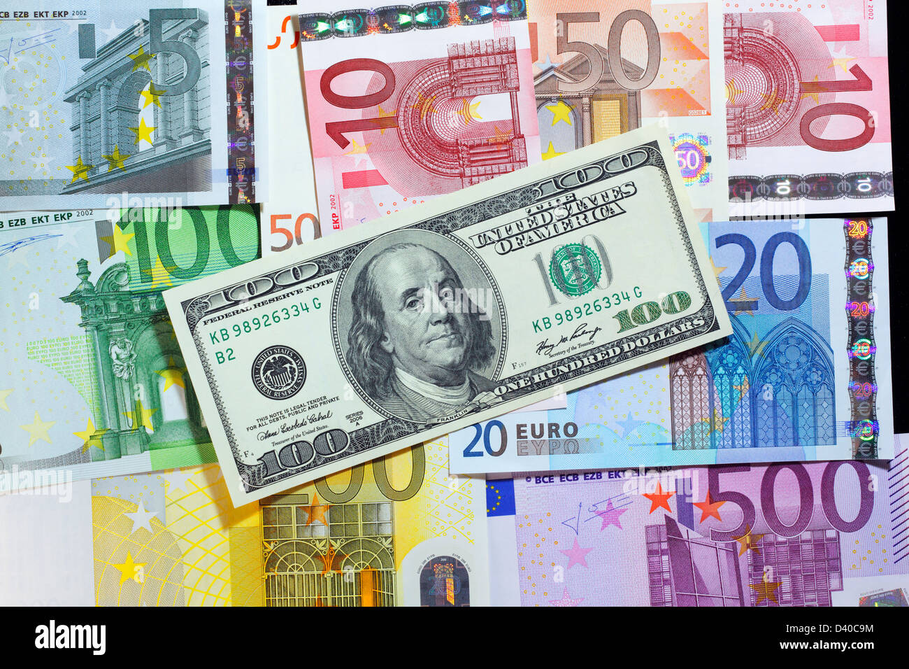 100-Dollar-Banknote mit Benjamin Franklin, USA (2006) und Euro-Banknoten der verschiedenen Konfessionen als Hintergrund Stockfoto