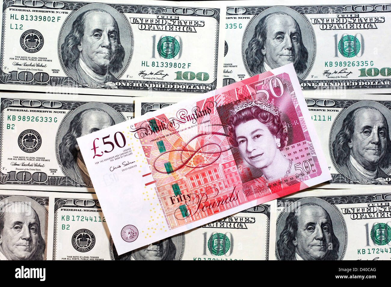 20 und 50 Pfund-Banknoten mit Portrait von Königin Elizabeth II und 100-Dollar-Banknoten im Hintergrund Stockfoto 20 und 50 Pfund-Banknoten mit Portrait von Königin Elizabeth II und 100-Dollar-Banknoten im Hintergrund Stockfoto