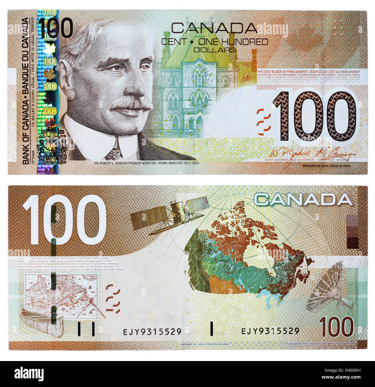 100-Dollar-Banknote, Sir Robert Borden, Premierminister (1911-1920), Kanada, 2004 Stockfoto