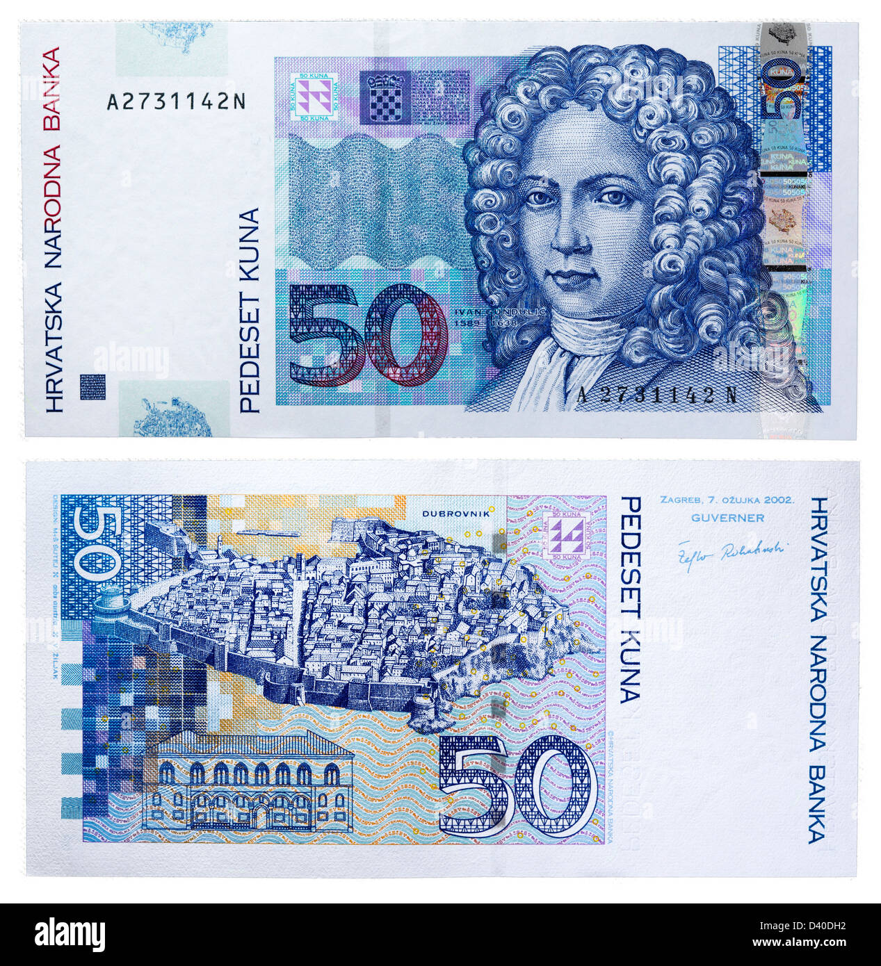 50 Kuna Banknote, Ivan Gundulic und Blick auf Dubrovnik, Kroatien, 2002 Stockfoto