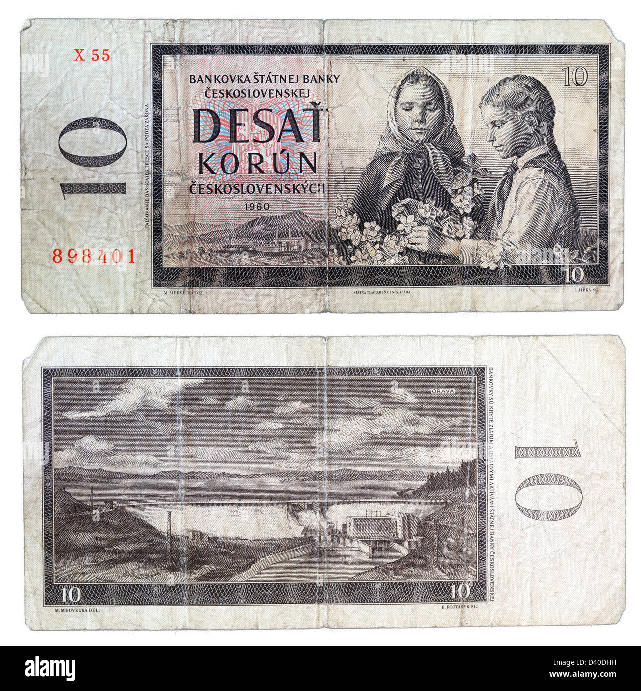 10 Korun Banknote, zwei Mädchen mit Blumen und Orava Dam, Tschechoslowakei, 1960 Stockfoto