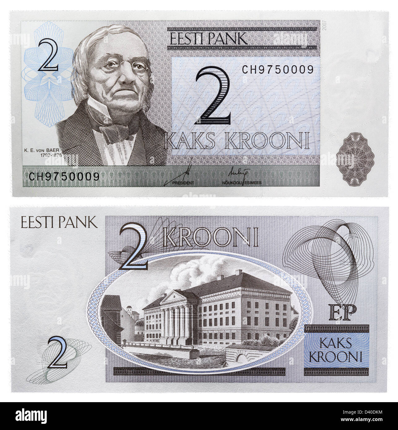 2 Krooni Banknote, K. E. von Baer und Tartu Universitätsgebäude, Estland, 1992 Stockfoto
