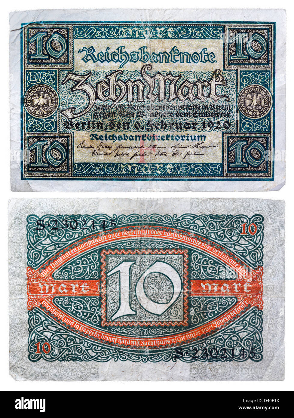 10-Mark-Banknote, Deutschland, 1920 Stockfoto