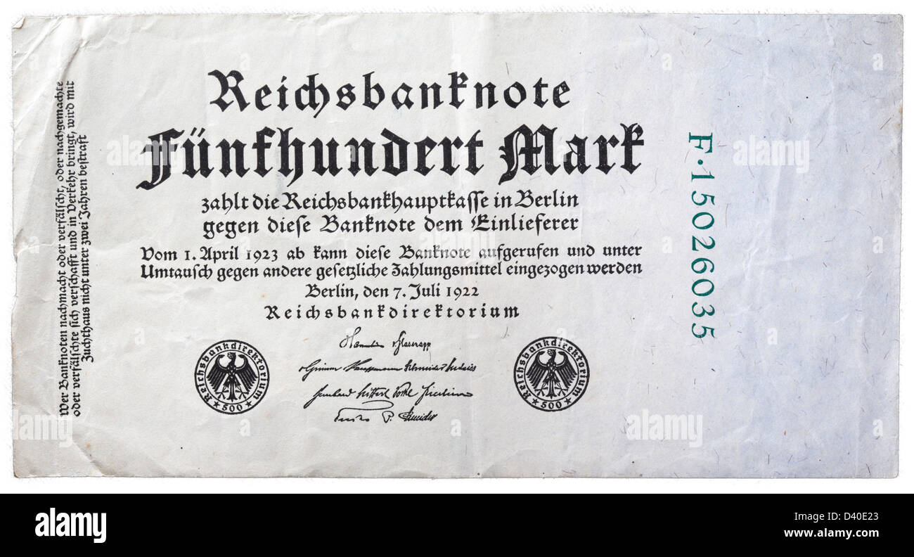 500-Mark-Banknote, Deutschland, 1922 Stockfoto