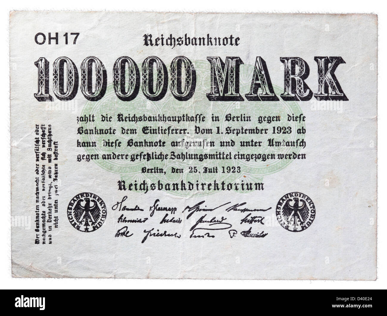 100000 Mark-Banknote, Deutschland, 1923 Stockfoto