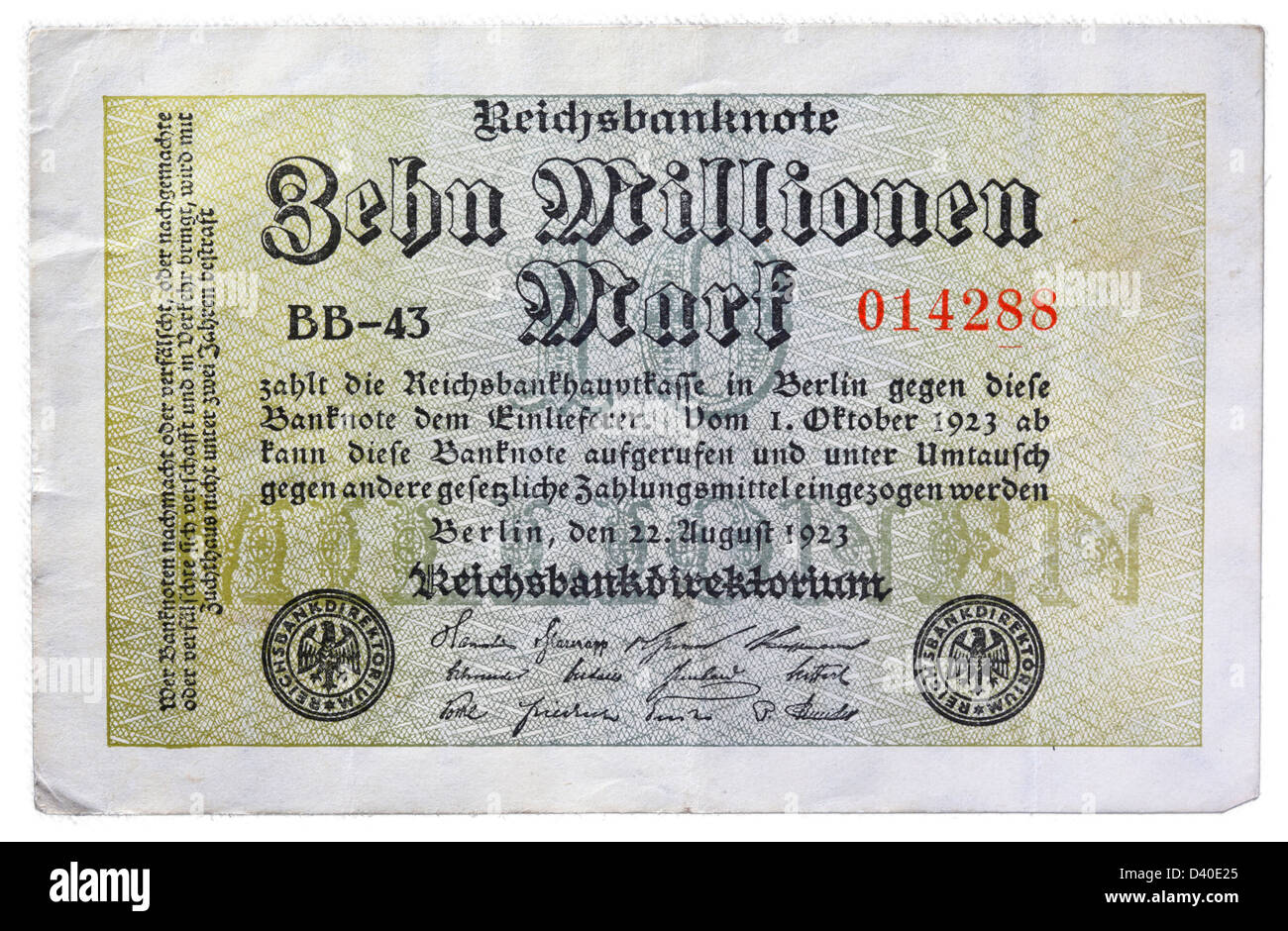 10 Millionen Mark-Banknote, Deutschland, 1923 Stockfoto