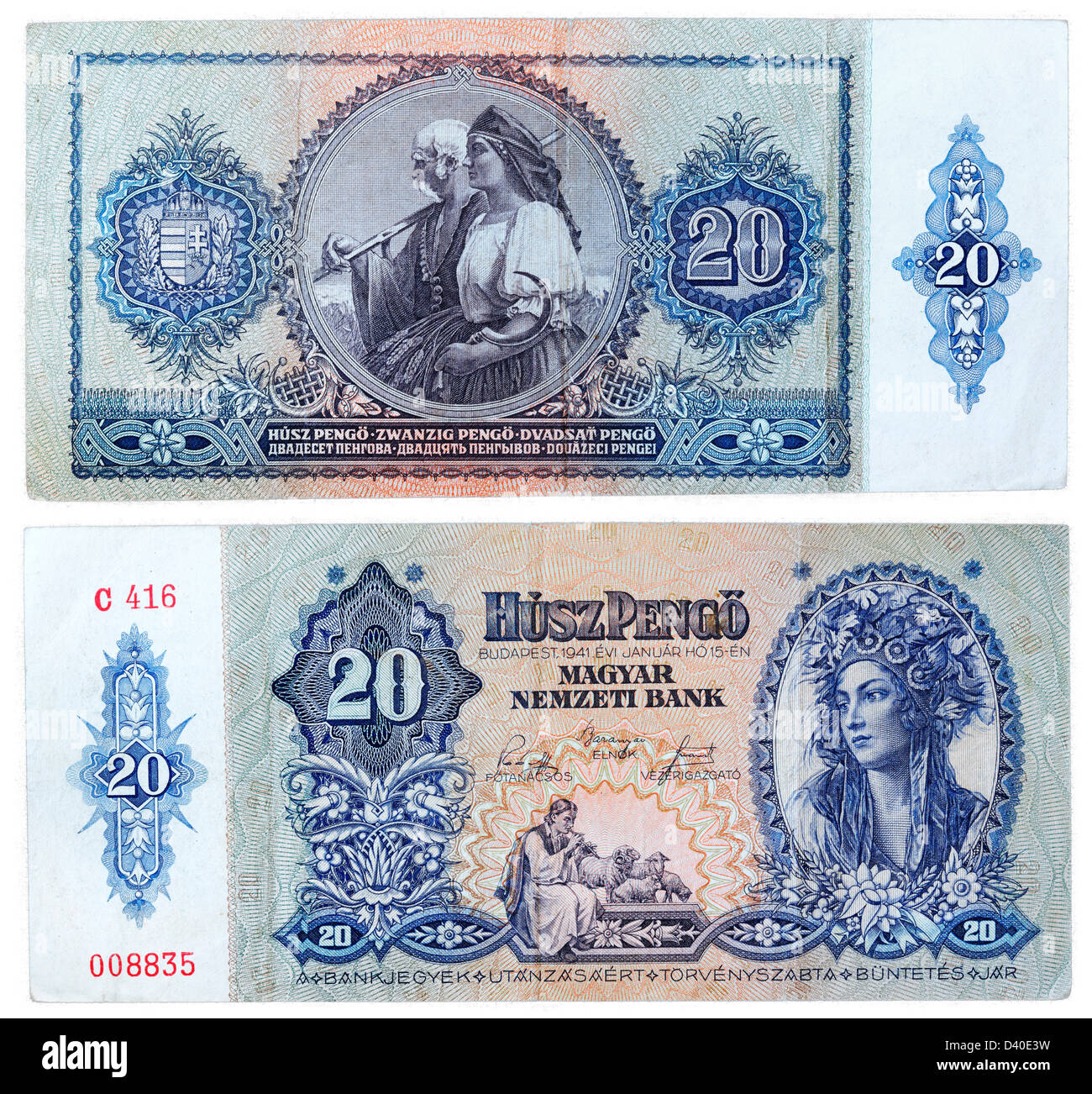 20 Pengo Banknote, junge Frau in traditioneller Tracht und Bauern, Ungarn, 1941 Stockfoto