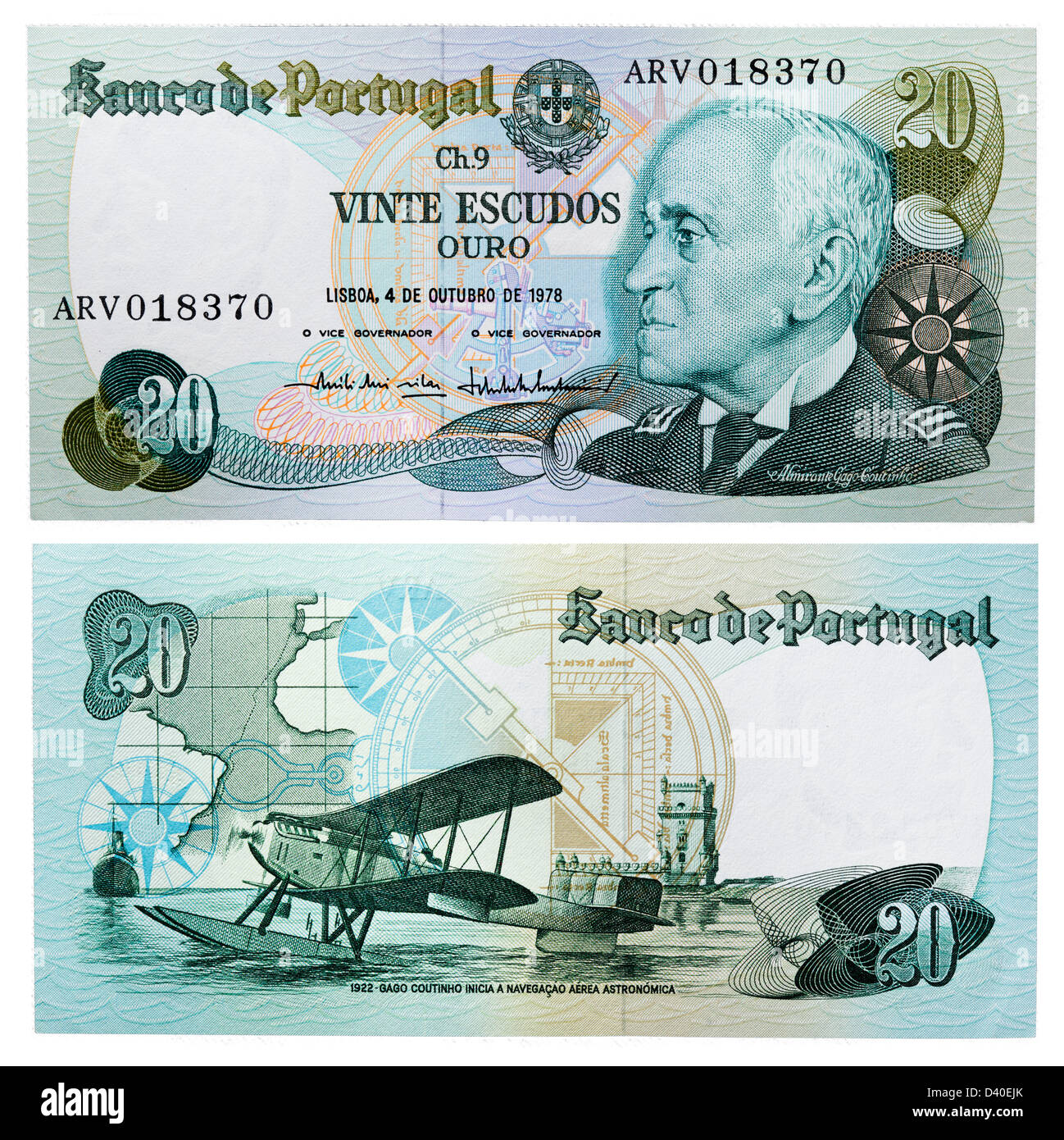 20 Escudos Banknote, Admiral Gago Coutinho und Flugzeug, Portugal, 1978 Stockfoto