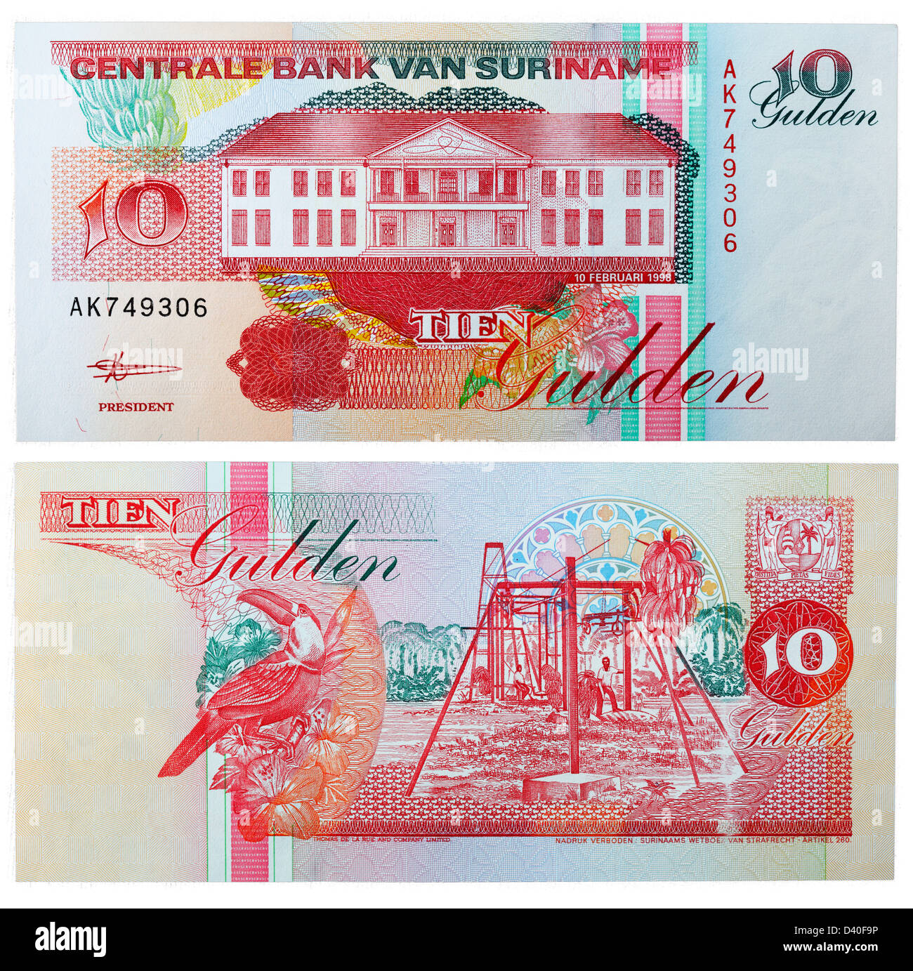 10 Gulden Banknote Zentralbank Gebäude, Paramaribo, Banane, Ernte, Tukan, Suriname, 1998 Stockfoto