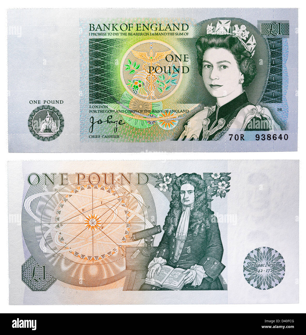1 Pfund Banknote, Königin Elizabeth II und Sir Isaac Newton, UK, 1978 Stockfoto