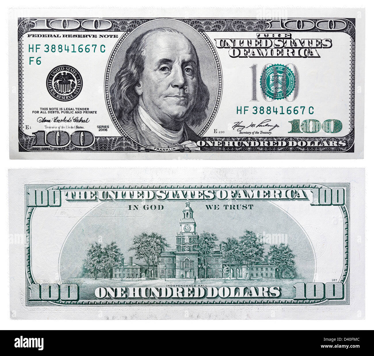 100 Dollar Banknote, Benjamin Franklin und Independence Hall, USA, 2006 Stockfoto