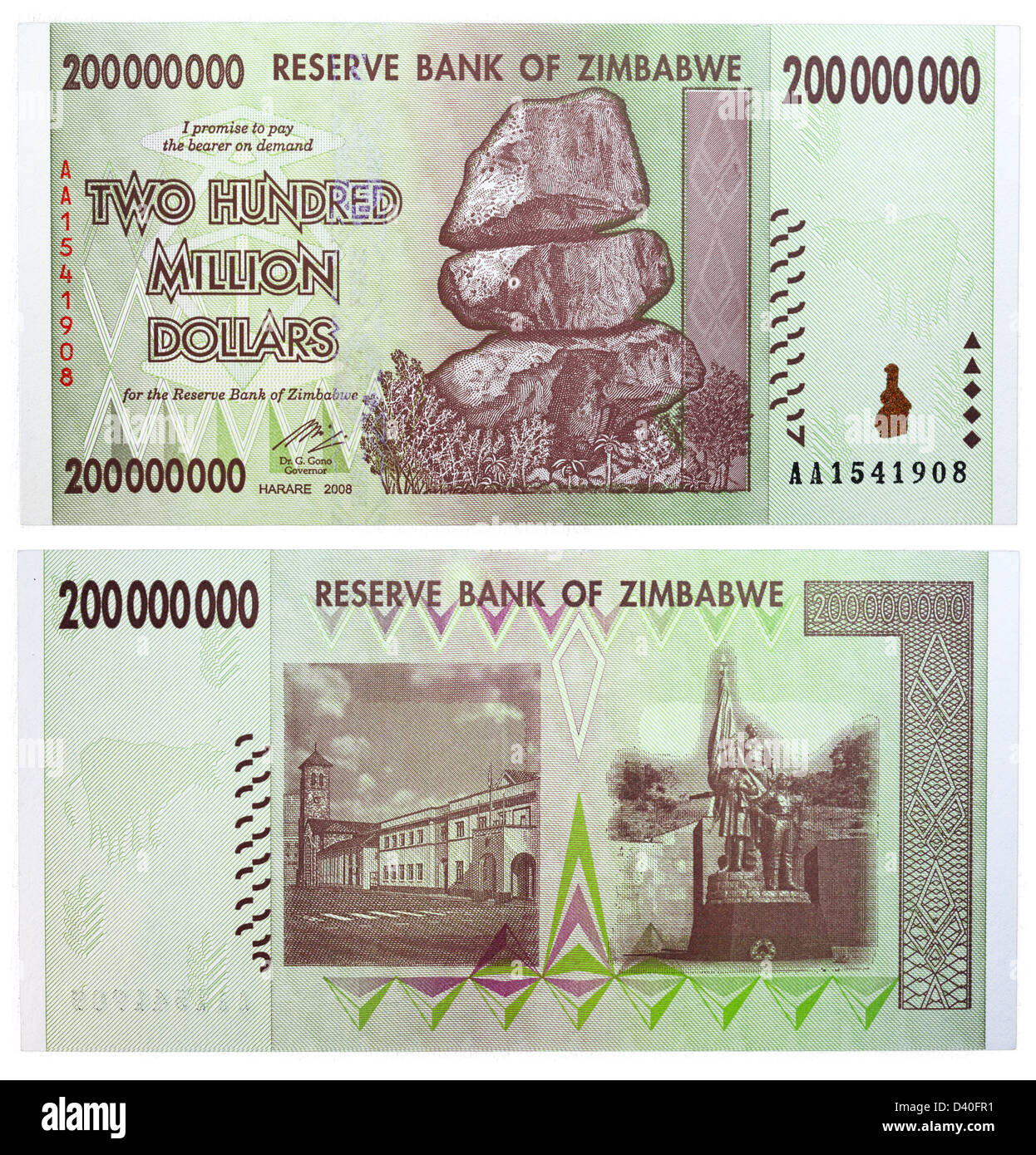 200 Millionen Dollar Banknote, Chiremba Balancing Rocks, Simbabwe, 2008 Stockfoto