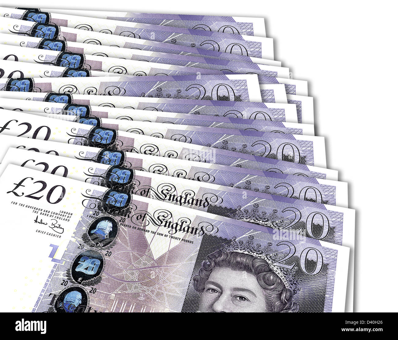 Zwanzig Pfund-Noten aufgefächert, Overlaping einander, mit einem Gesamtvolumen von 300 £. Stockfoto