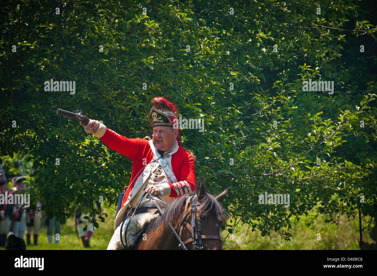 Amerikanischer revolutionärer Krieg Re-enactment, Truppen Schlacht Britisch in Rockford Plantage, Lancaster, PA. Stockfoto