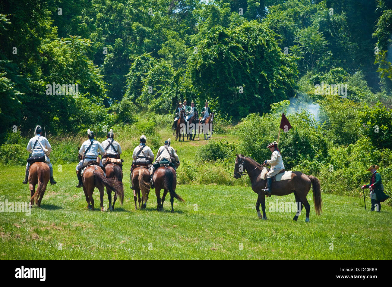 Amerikanischer revolutionärer Krieg Re-enactment, Truppen Schlacht Britisch in Rockford Plantage, Lancaster, PA. Stockfoto