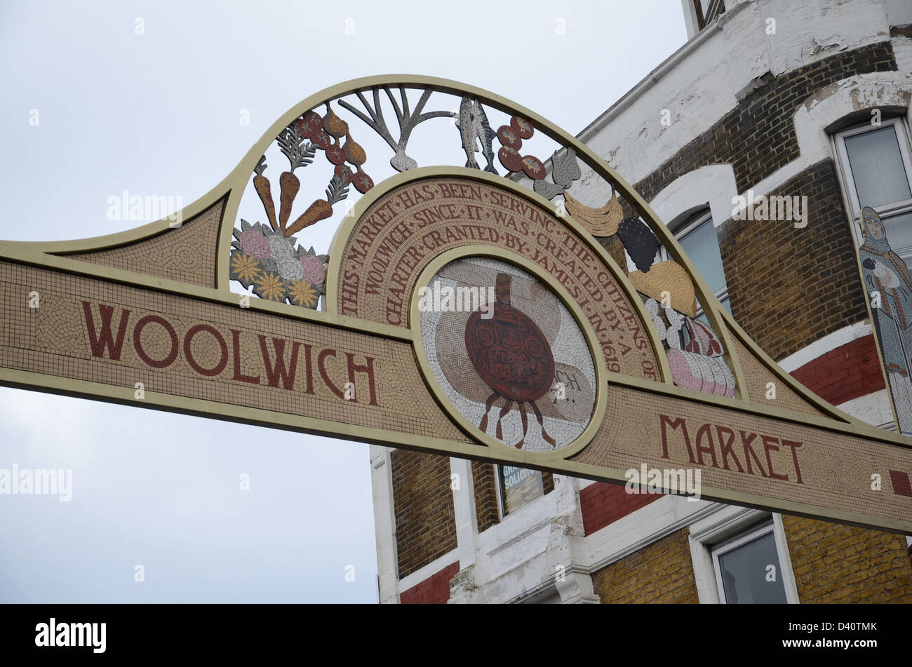 Das Zeichen für Woolwich Markt in Süd-London. Stockfoto