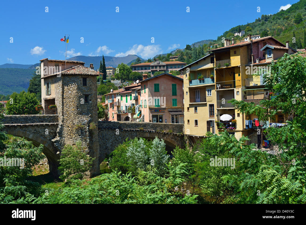 Sospel, Provence, Frankreich - die alte Brücke/Pont Vieux und Ort/Stadt, Provence, Frankreich Stockfoto