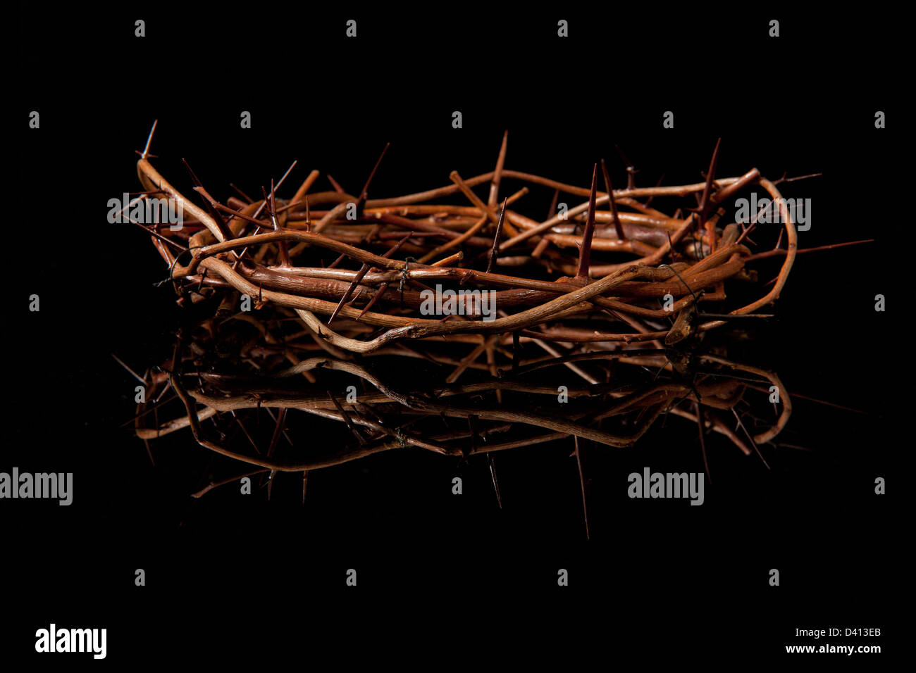 Eine Krone aus Dornen gegen einen schwarzen Hintergrund. Stockfoto