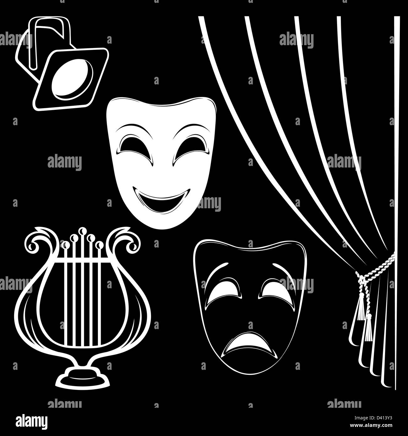 Sammlung von theatralischen Zeichen auf schwarzem Hintergrund Stockfoto