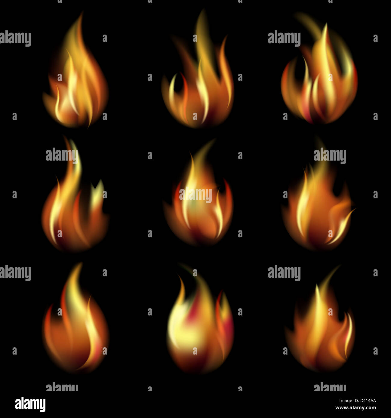 Sammlung von Friesen aus dem Feuer auf einem schwarzen Hintergrund. Stockfoto