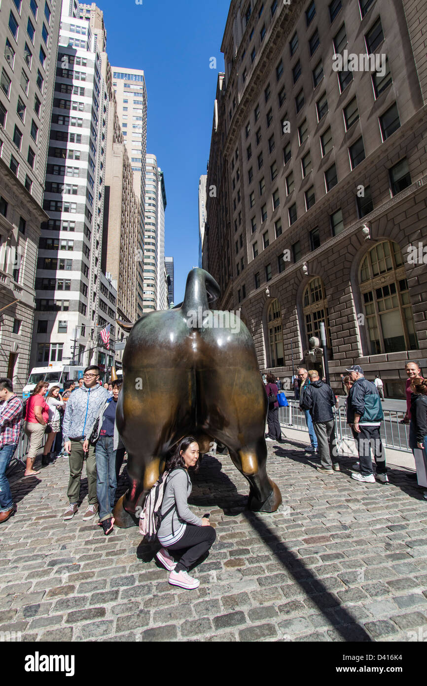 Touristen auf den Stier der Wall Street, Bankenviertel, New York City, USA Stockfoto