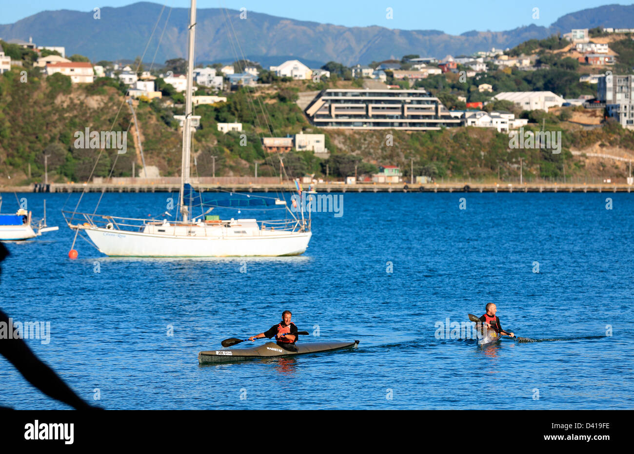 Ocean-Kajaks und ankern Yachten bei Evans Bucht in Wellington Harbour Stockfoto