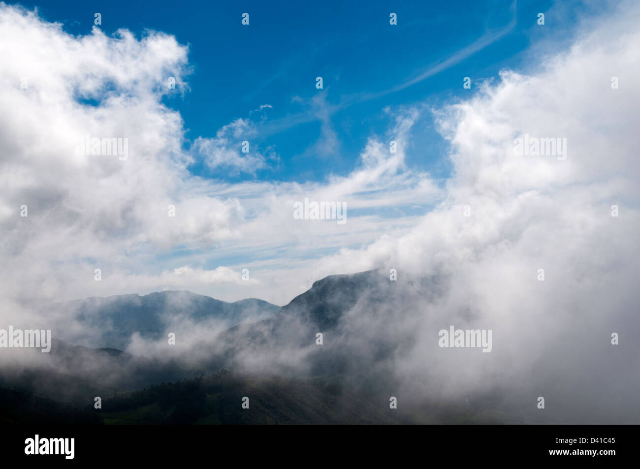 Nebel bei Sonnenaufgang am Morgen Hügel in Western Ghats Sahyadri überrollen Stockfoto