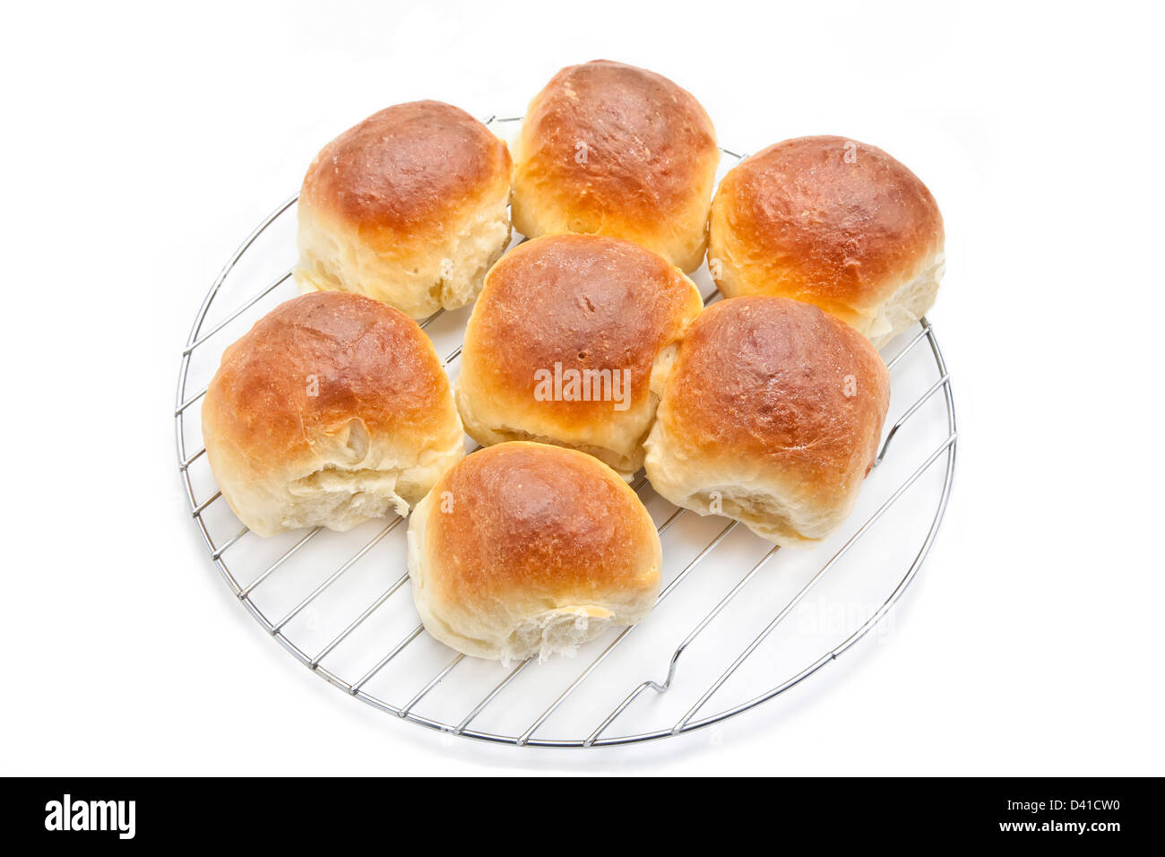 Hausgemachtes Weißbrot rollt auf einem Draht Rack Backen Stockfoto