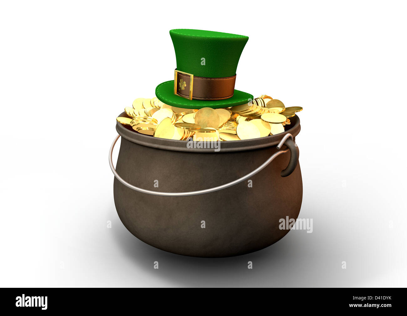 Ein gusseisernen Topf voller gold-Münzen und einen Kobold Zylinderhut ruht auf einem isolierten Hintergrund Stockfoto