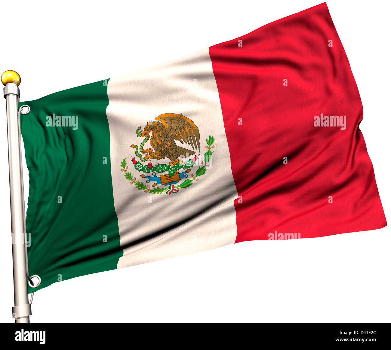 Mexiko-Flagge auf eine Fahnenstange. Clipping-Pfad enthalten. Sichtbar auf die Flagge 100 % Seide Textur. Stockfoto